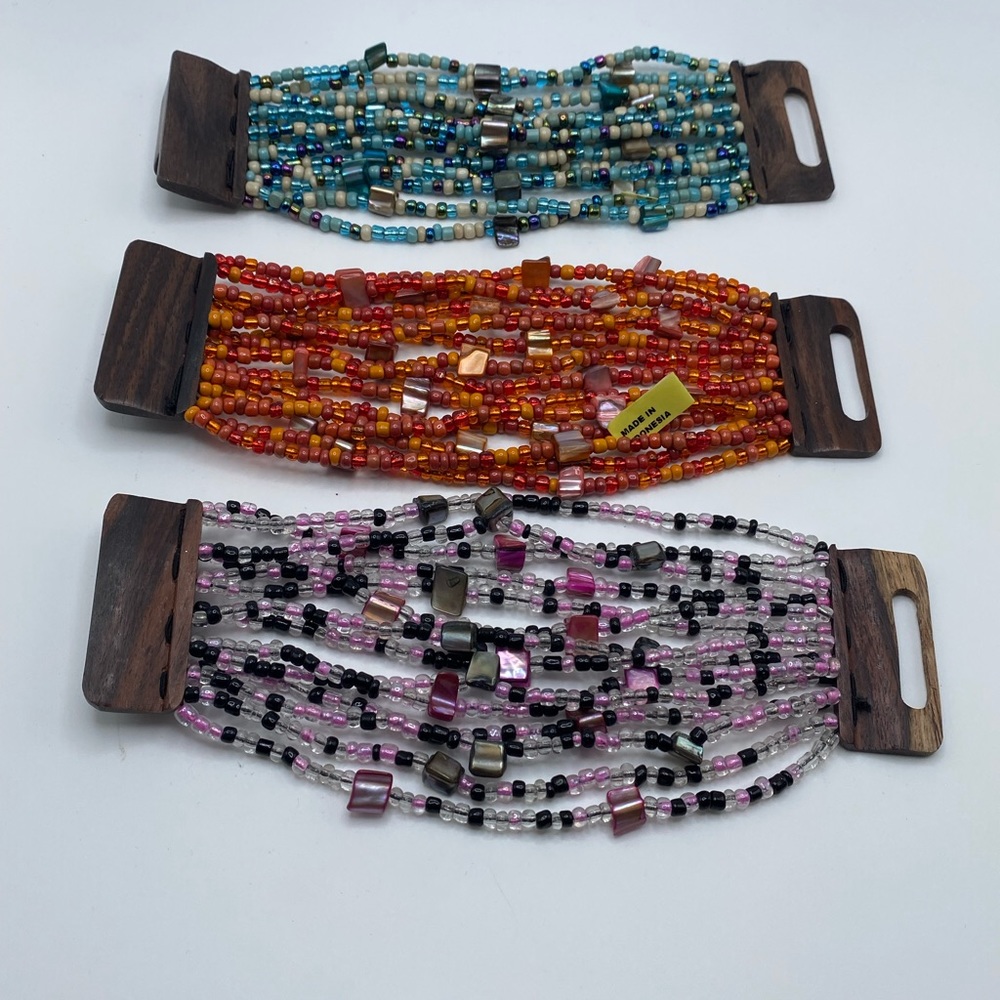 Lot of 3 Artisan made Multi Strand Beaded Bracelets w/ Wood Clasps Indonesia